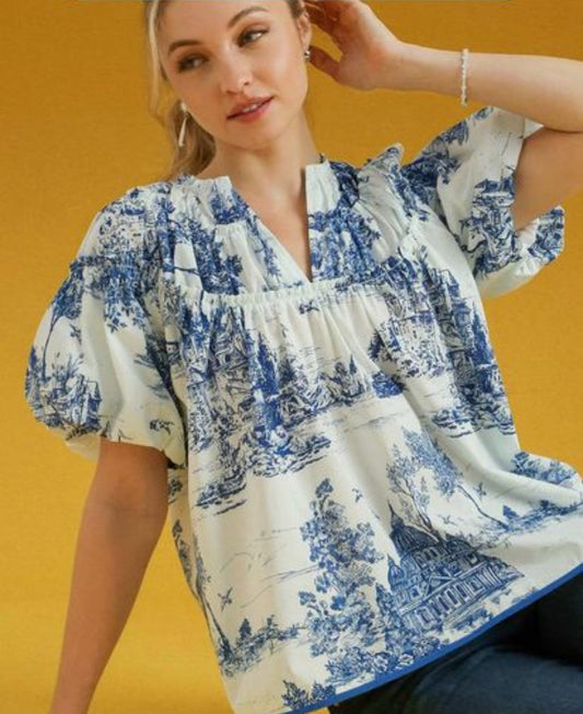Toile Ruffle Top Blue and White