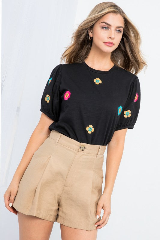 Embroidered Flower Short Sleeve Top