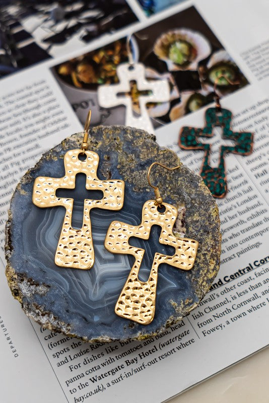Gold and Silver Hammered Cross Earrings