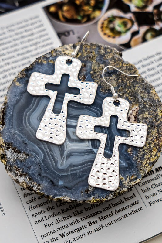 Gold and Silver Hammered Cross Earrings